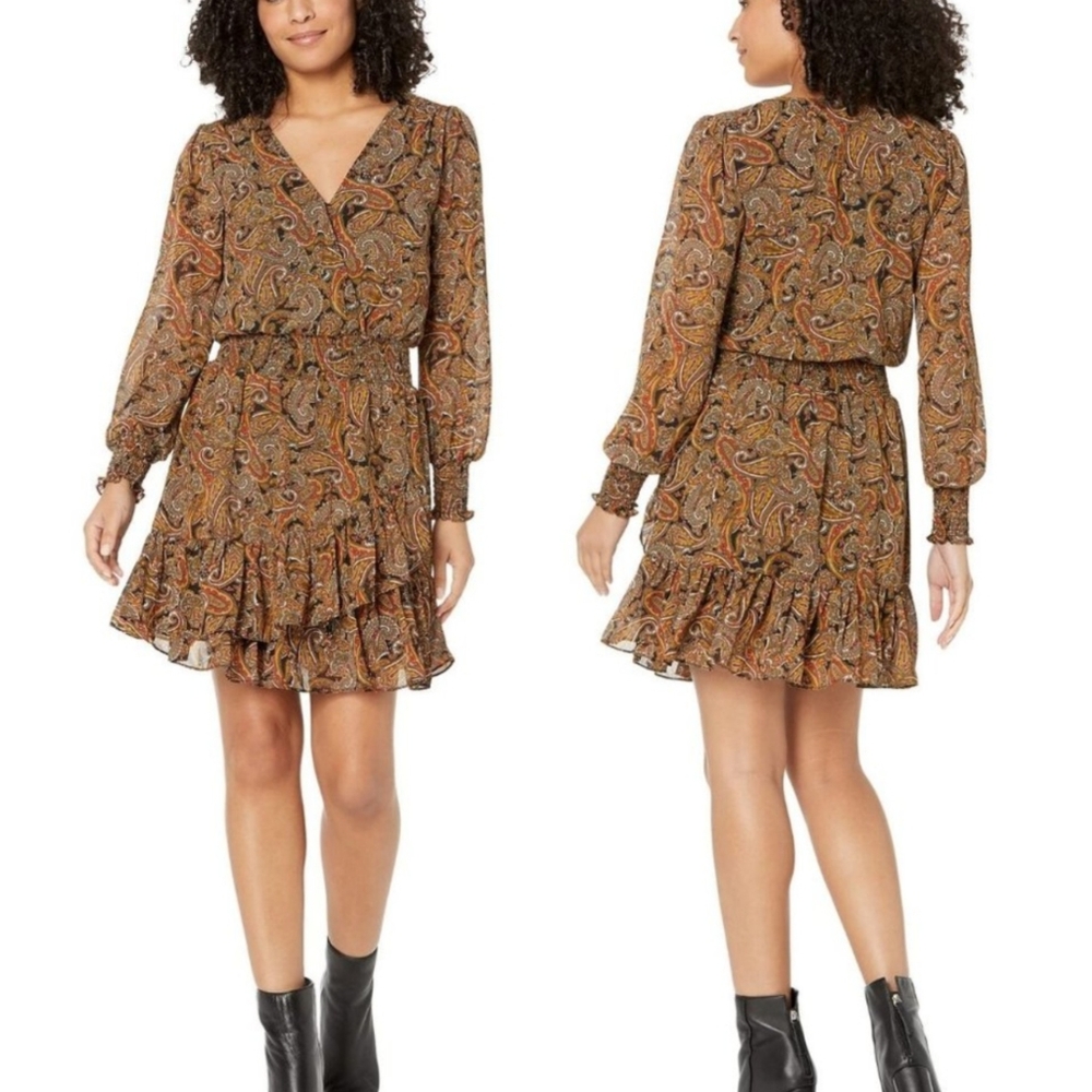 Michael Kors Dress Paisley Print Ruffle Hem Smocked Waist Surplice Neck Sienna L